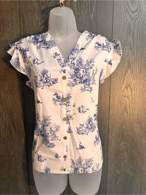 Blue Toile V-Neck Button Front Blouse